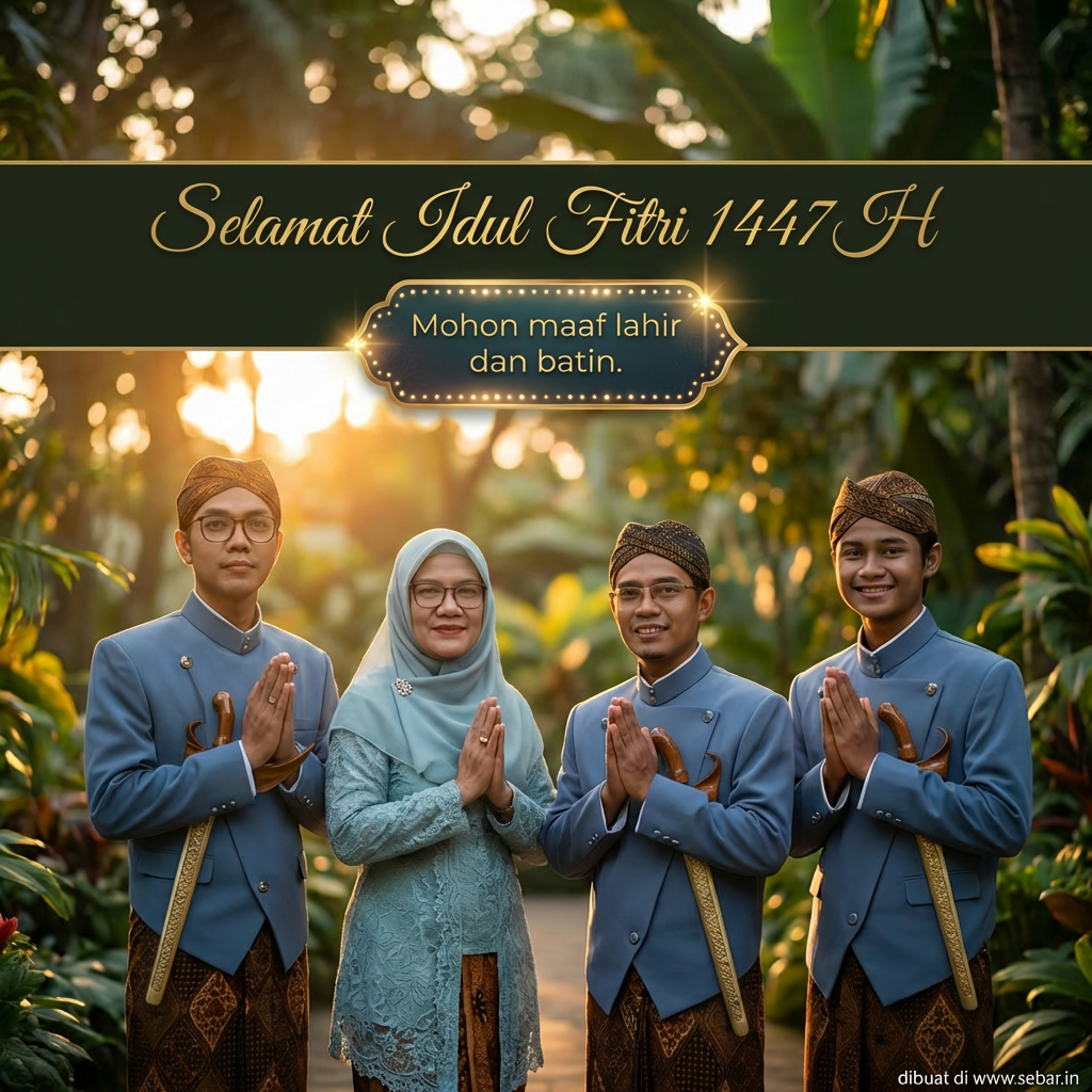 Kartu ucapan idul fitri - Suatu keluarga terdiri dari seorang ibu dan 3 anak laki-laki, mengucapkan selamat idul Fitri 1447 H.